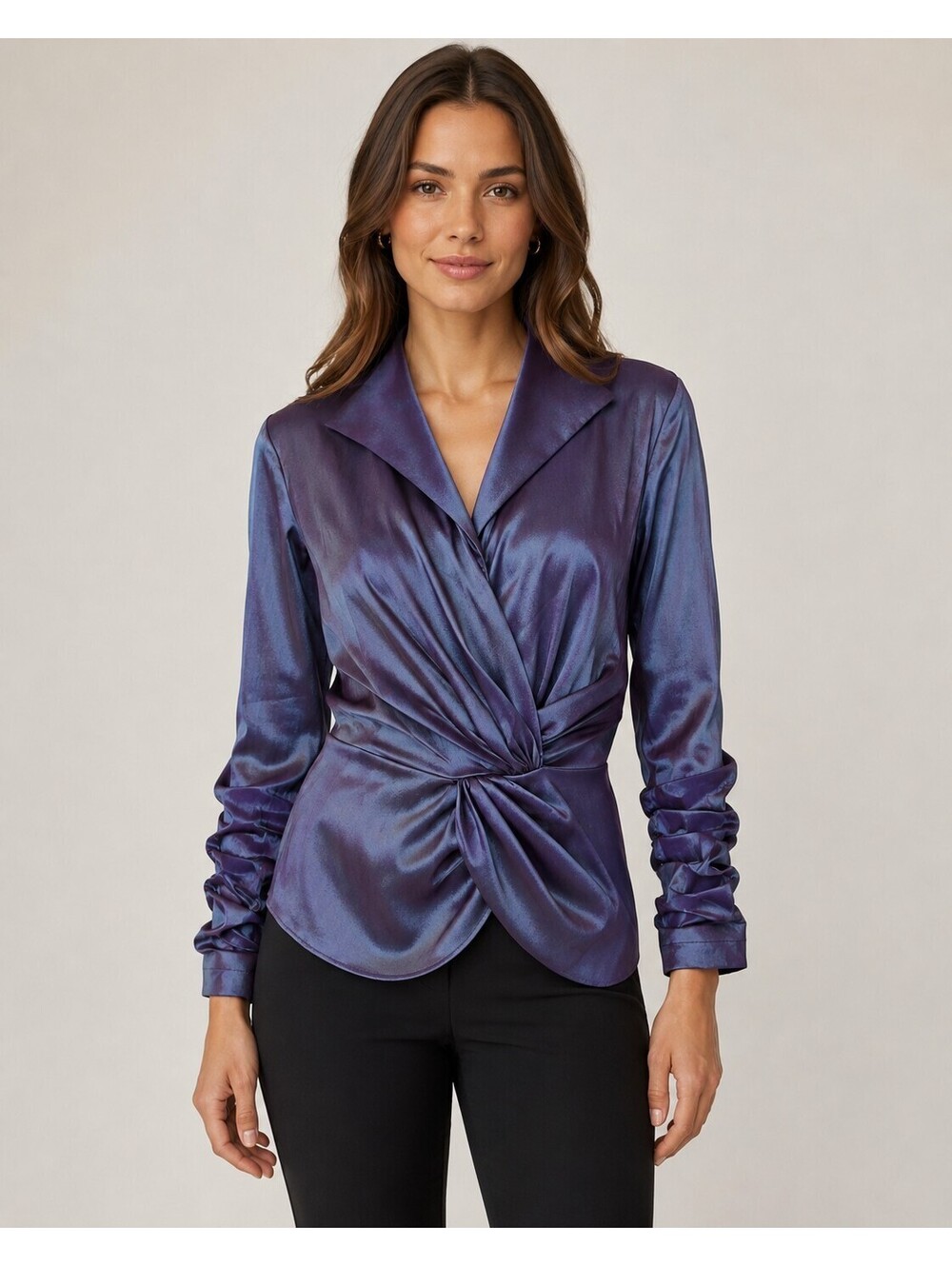 Y2K Tadashi W 10 Iridescent Purple Taffeta Twist Front Blouse Ruched Sleeves